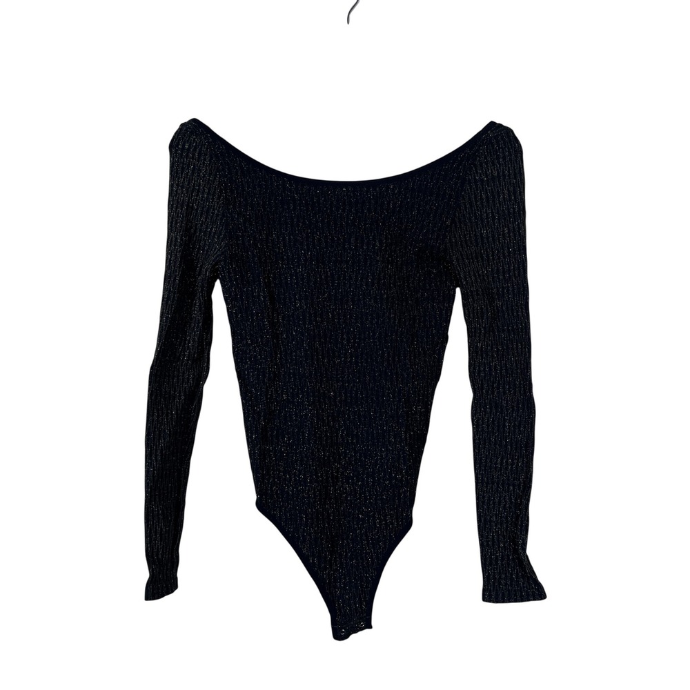 Free People Intimately Ribbed Metallic Bodysuit Navy Gold Sparkle Size XS/S